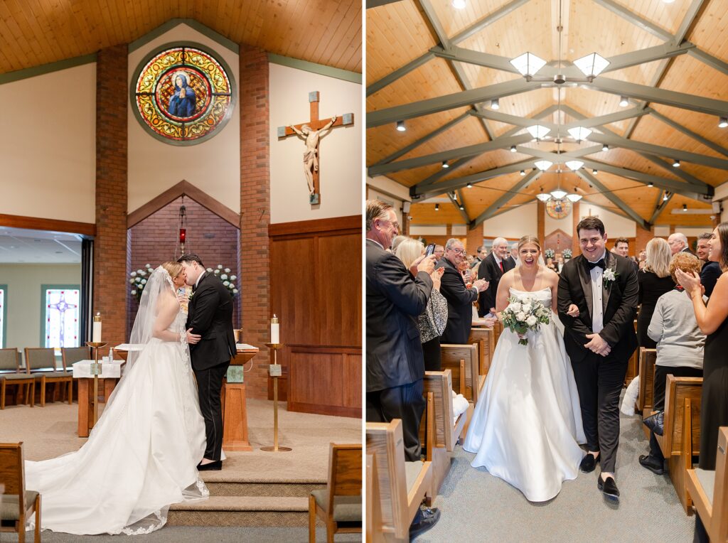 First kiss as newlyweds, grand exit Our Lady of Sorrows Church, elegant wedding ceremony at Our Lady of Sorrows Church