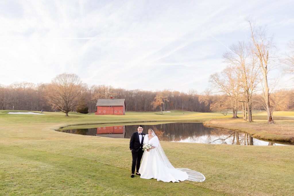 Bride and groom portraits on golf course, Red Barn bridal portrait at Westchester Country Club