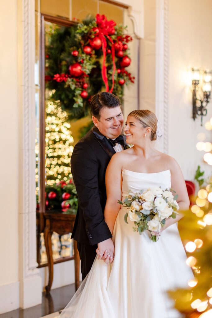 bride and groom portraits, Westchester Country Club at Christmas 