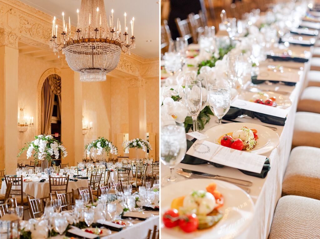 elegant wedding reception details, white florals, table decor for wedding reception