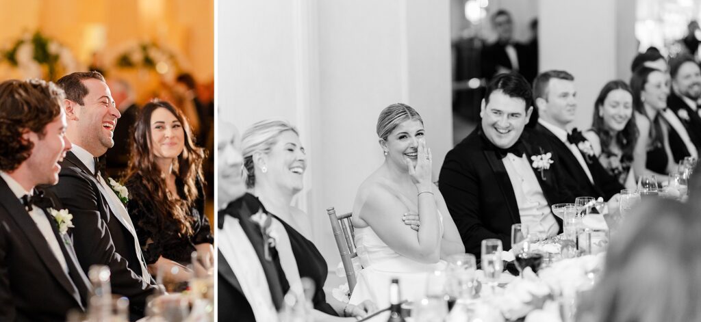 bride and groom head table at wedding reception, guest laughing at wedding reception