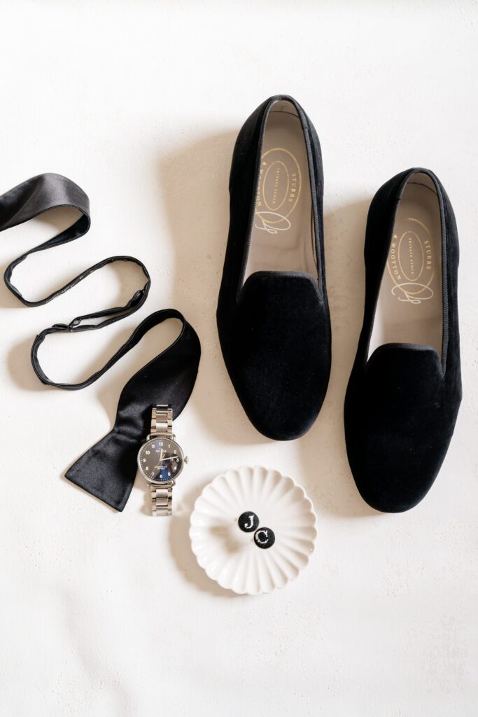 groom details, black suede shoes for groom, groom cufflinks and bowtie