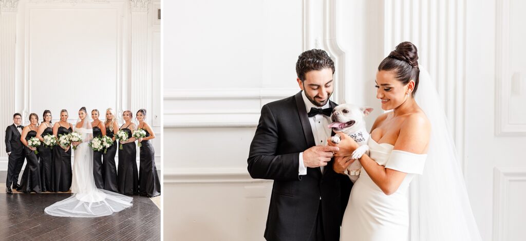 bridesmaids in black dresses, modern black-and-white wedding, Down Town Club at Cescaphe, bride and groom with dog