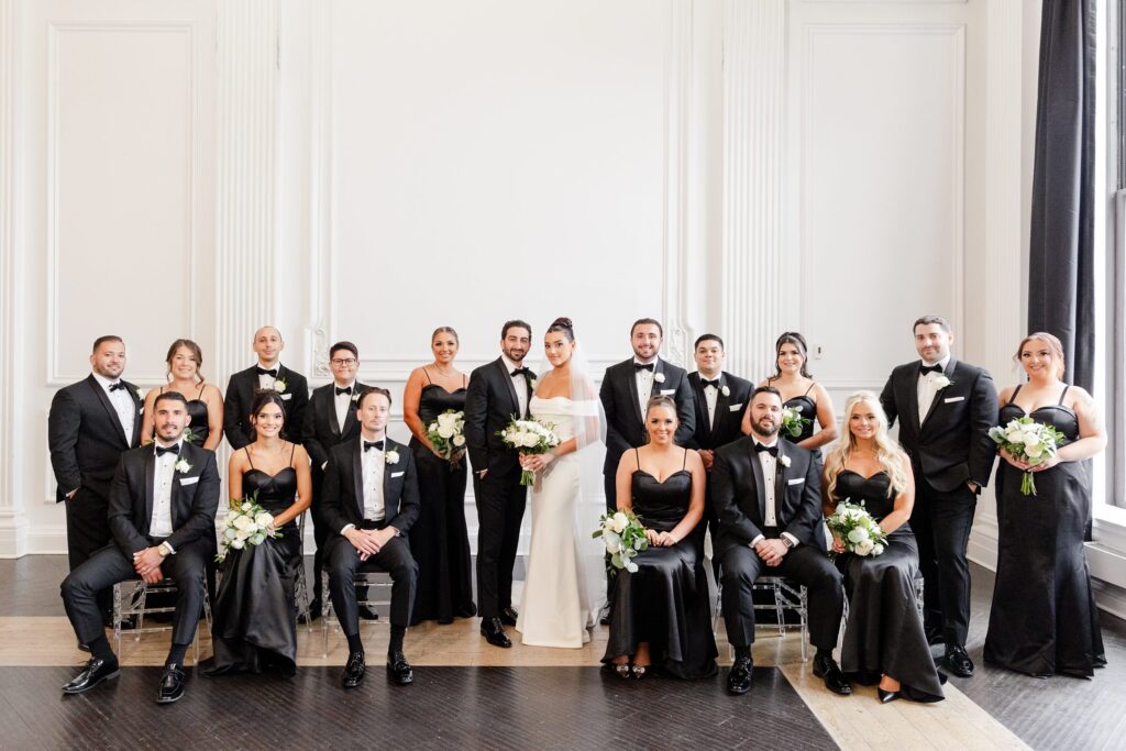 bridal party in all black, modern black-and-white wedding, Down Town Club at Cescaphe