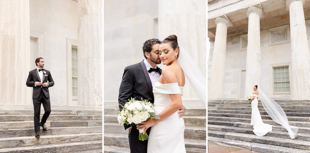 bride and groom portraits, downtown Philadelphia, wedding veil, bride and groom portraits, modern black and white wedding