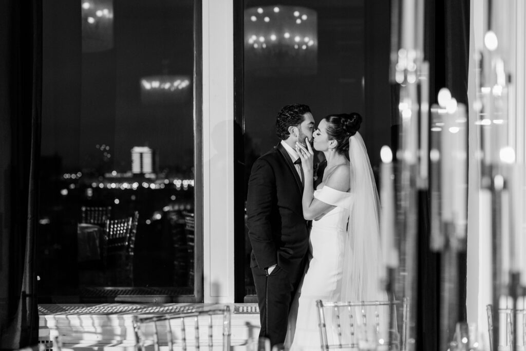 black and white wedding reception, Down town club at Cescaphe, modern black-and-white reception decor 