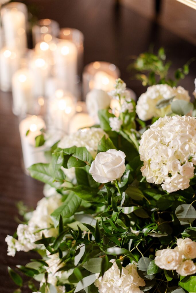 white roses and hydrangea, white florals for black-and-white wedding, timeless white forals