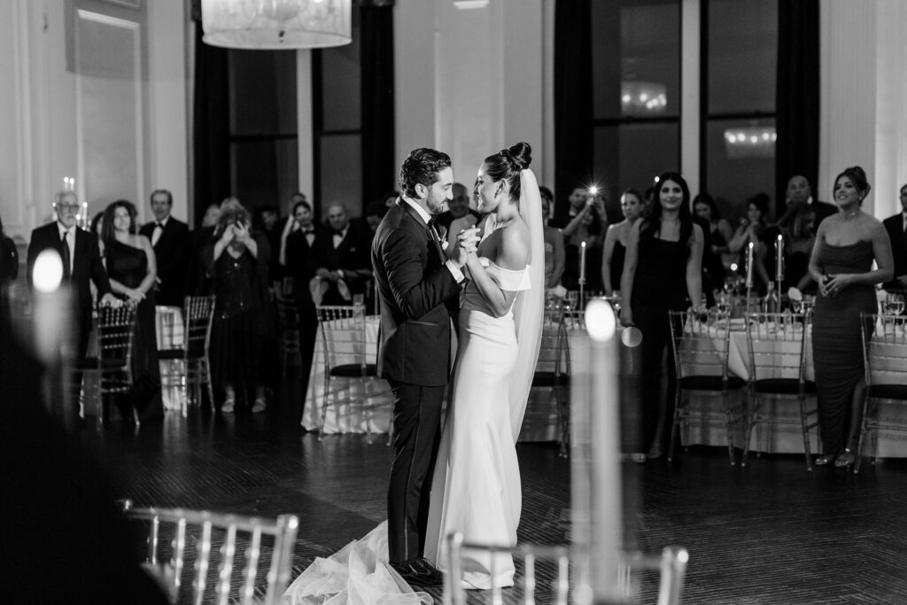bride and groom first dance, down town club at Cescaphe, black and white wedding recpetion