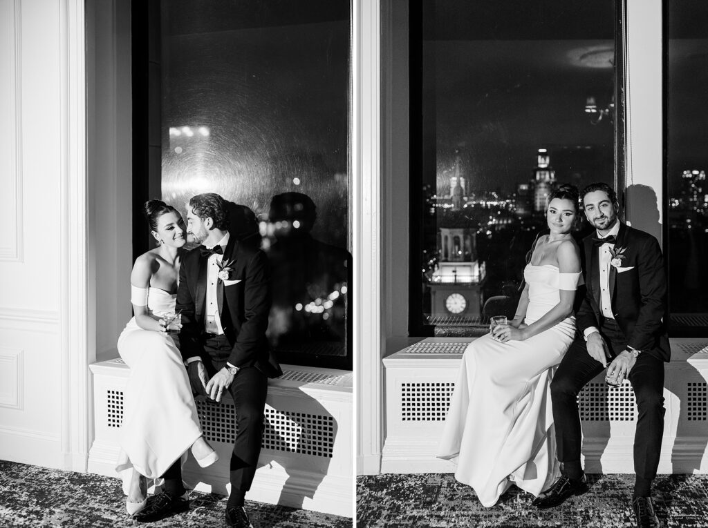 Night portraits of bride and groom, modern black-and-white wedding inspiration