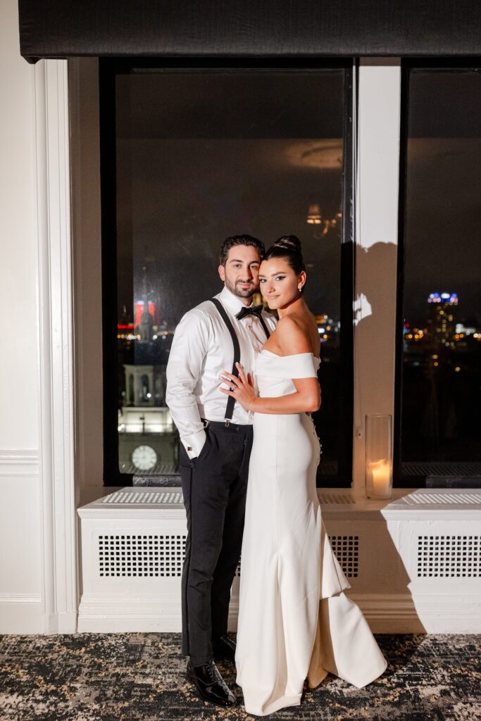 Night portraits of bride and groom in downtown PA