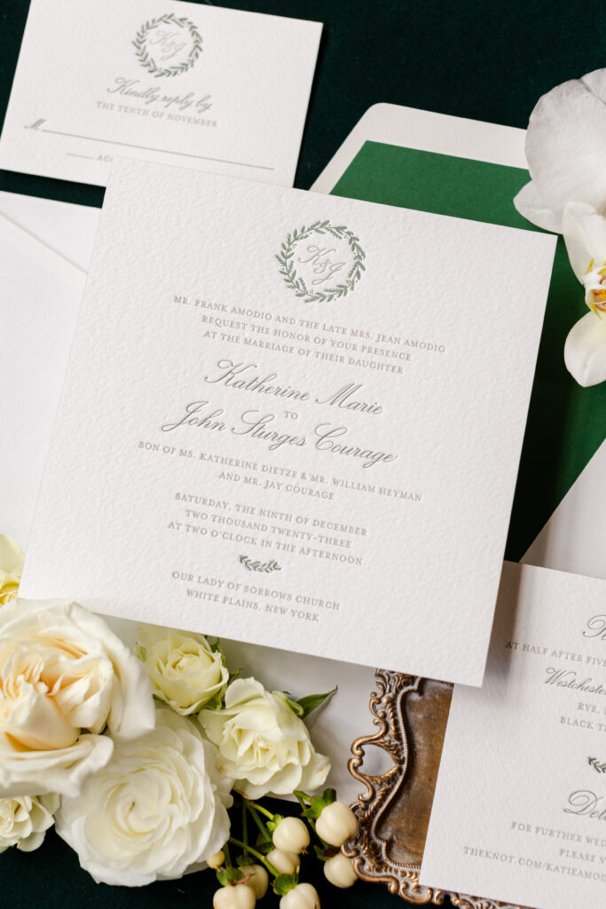 wedding invitation suite, elegant wedding black, white, green details