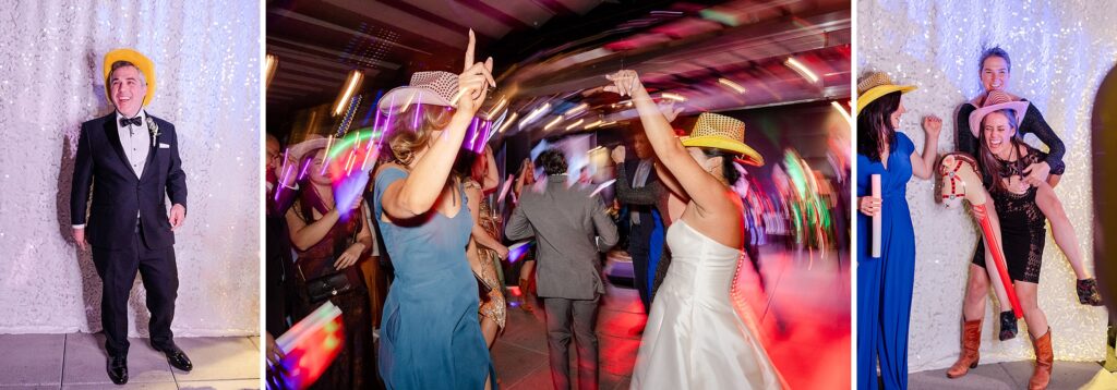 dancing at the Jackson Hole destination wedding at The Cloudveil, cowboy hat props at wedding
