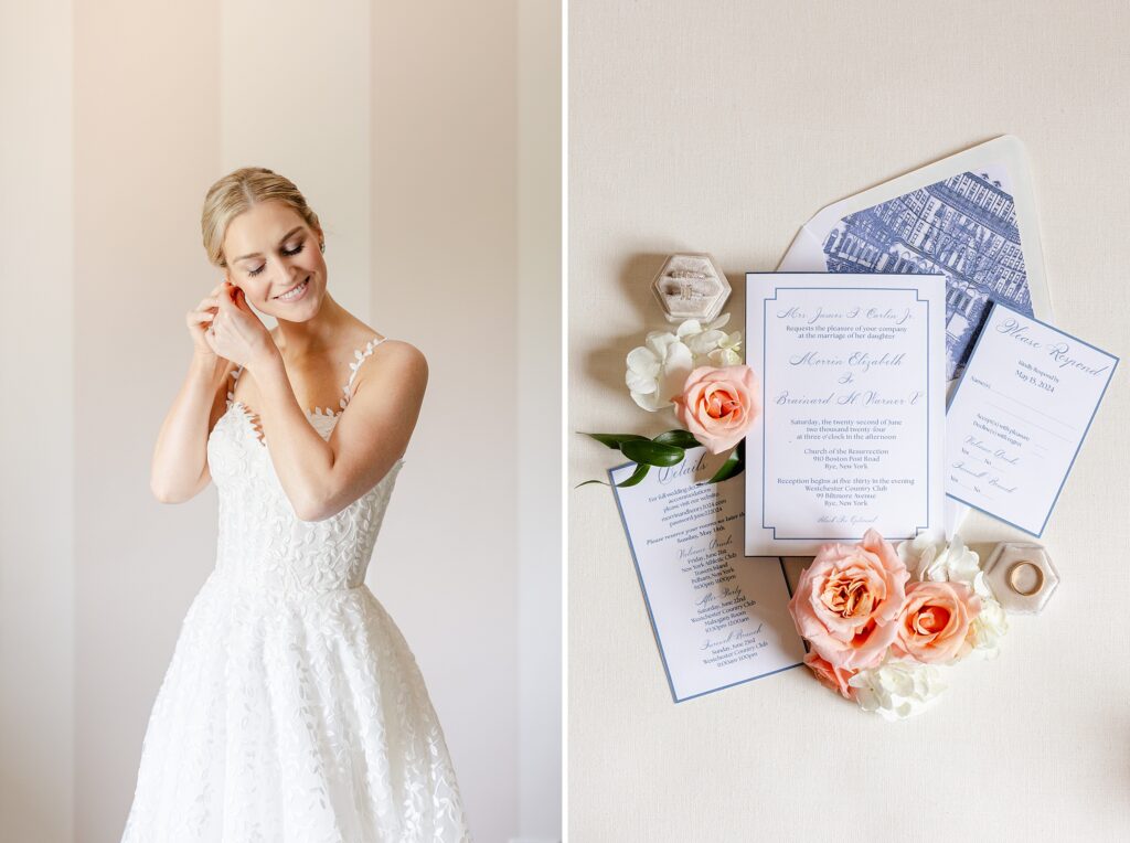 bride getting ready, invitation suite, Westchester Country Club Wedding, 