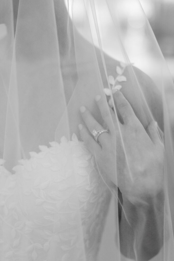 wedding ring, veil, bridal details close up