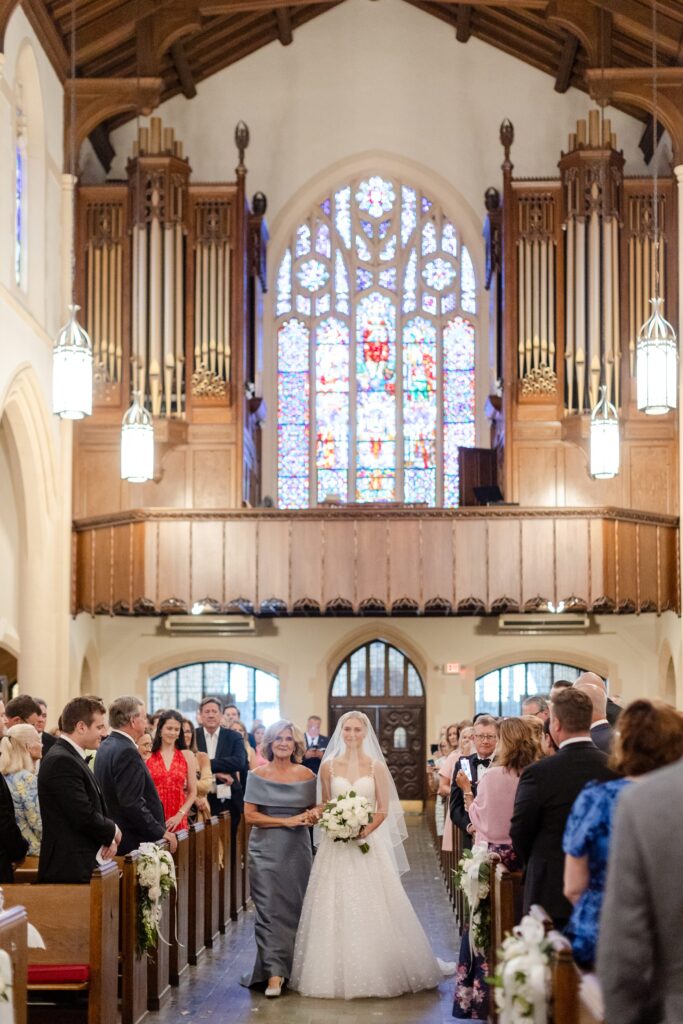 Church of the Resurrection, mother of the ride walking bride down the aisle, mother and bride walk down the aisle