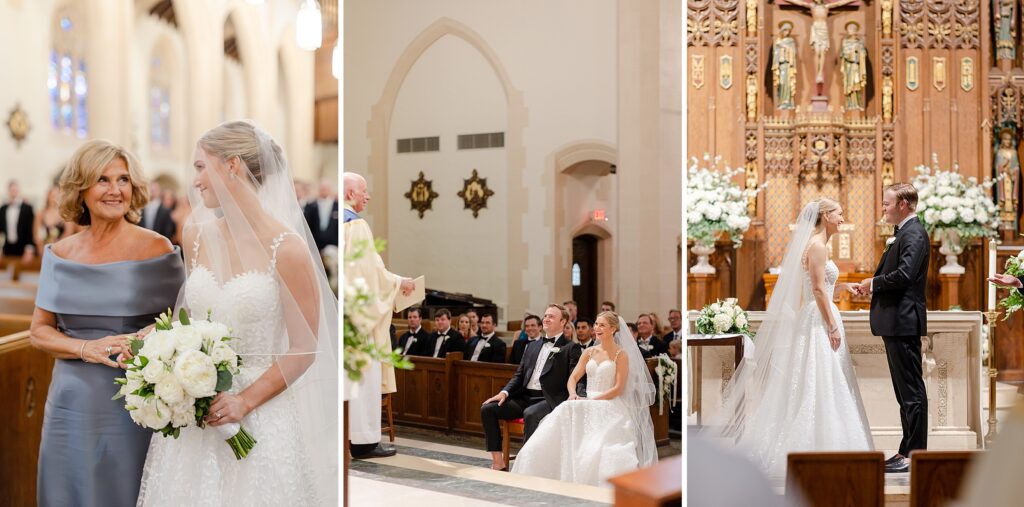 Catholic wedding mass, bride being handed off to grrom by mother, exchaning of the vows