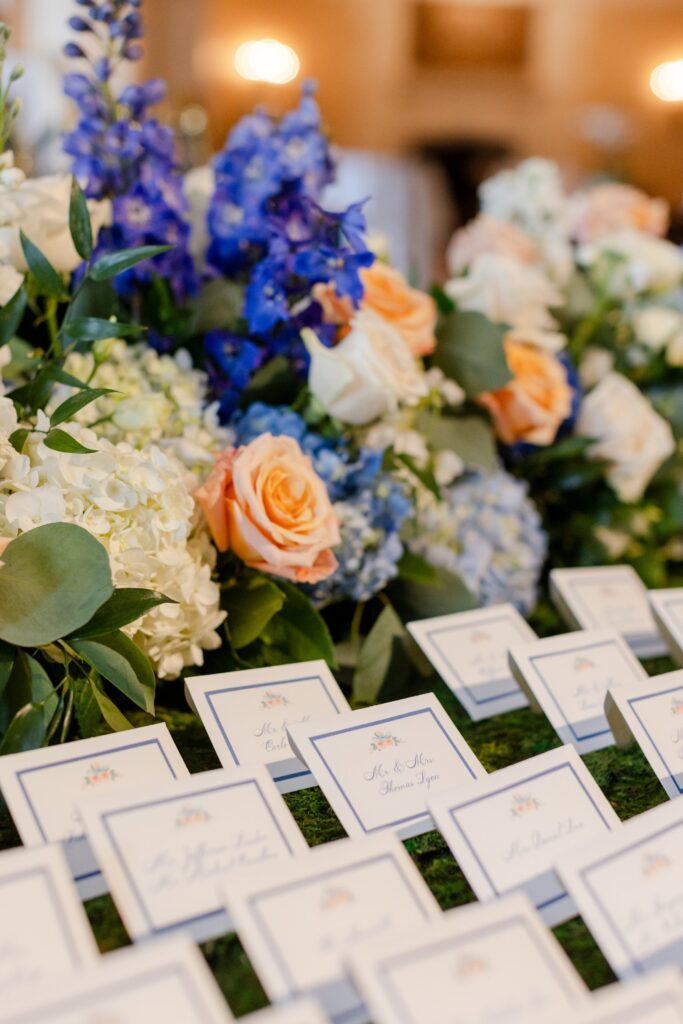 wedding details, blue and coral wedding details, placeholder cards at wedding