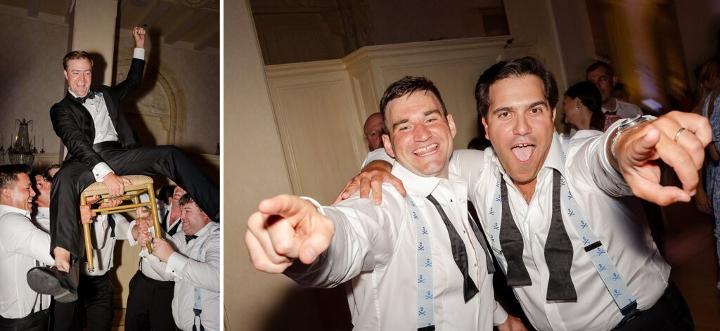 groom and groomsmen dancing at reception, groom lifted in chair