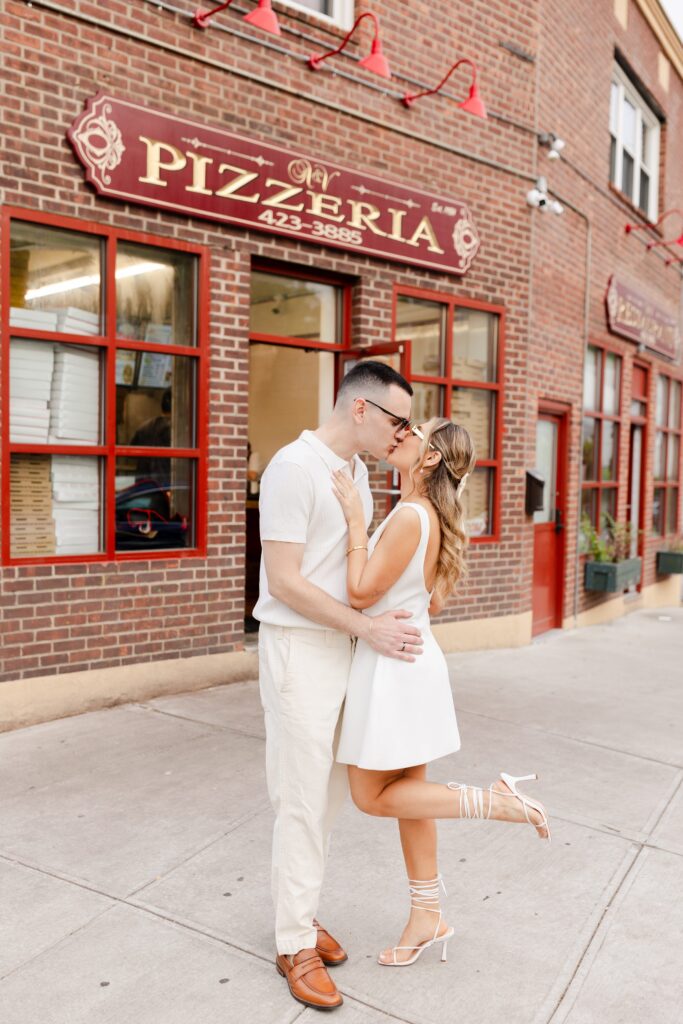 A&V Pizzeria, engagement session white dress inspiration