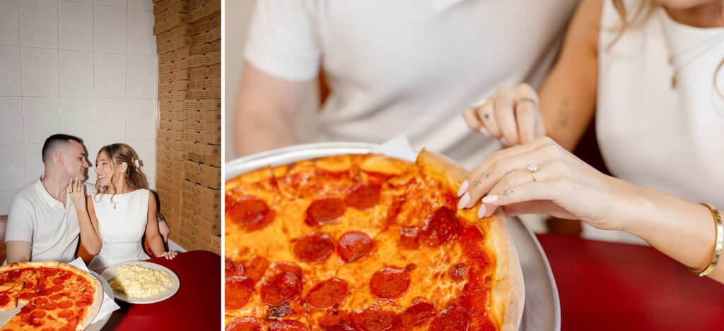 pizza, bride and groom at pizzeria in New York