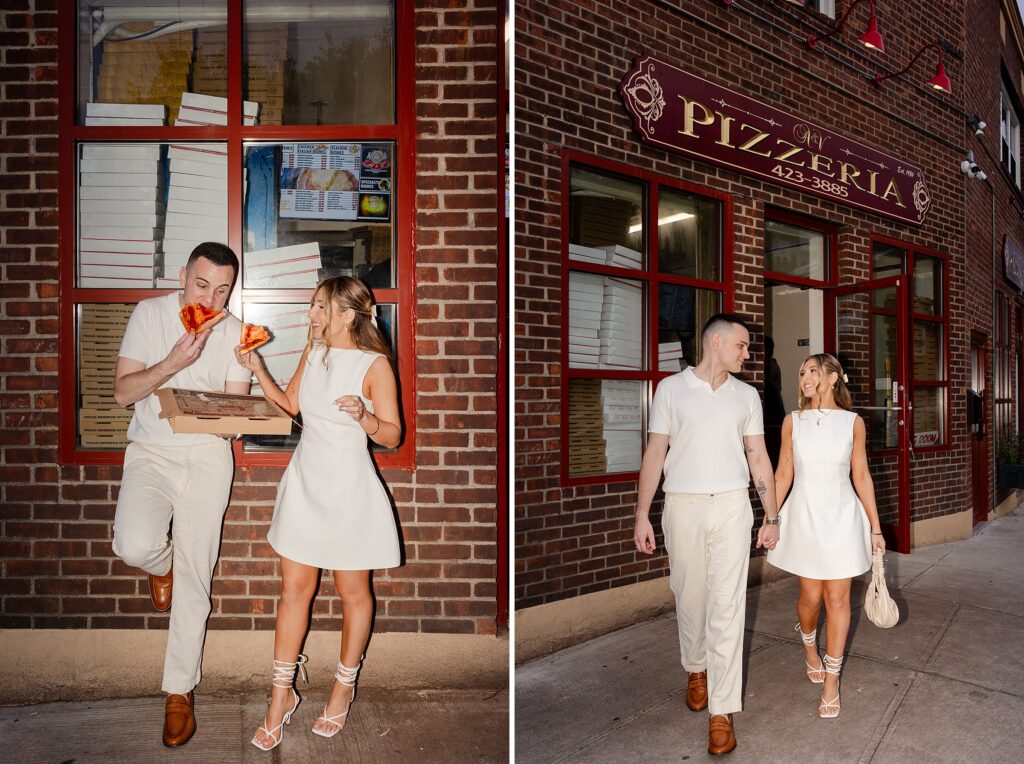 New York engagement sessions, bride and groom pizzeria inspiration