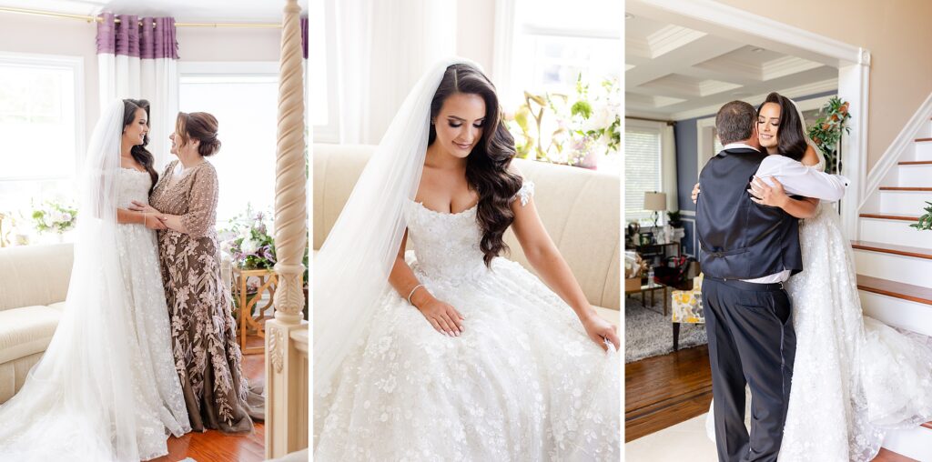 bride getting ready, bride with mother and father, bride first look with father