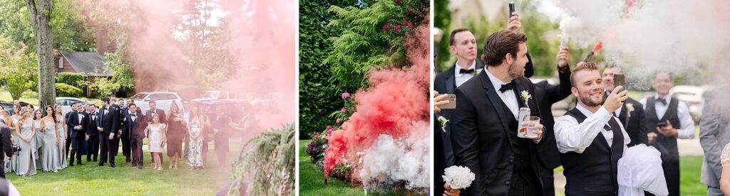 family and friends celebrating bride and groom, family and friends viewing first look on law, celebratory smoke 