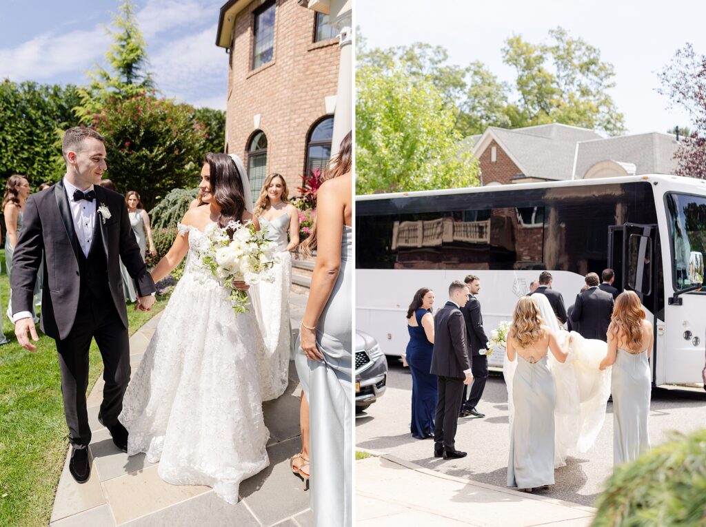 first look, New York City Wedding, bridal party loaded onto the party bus