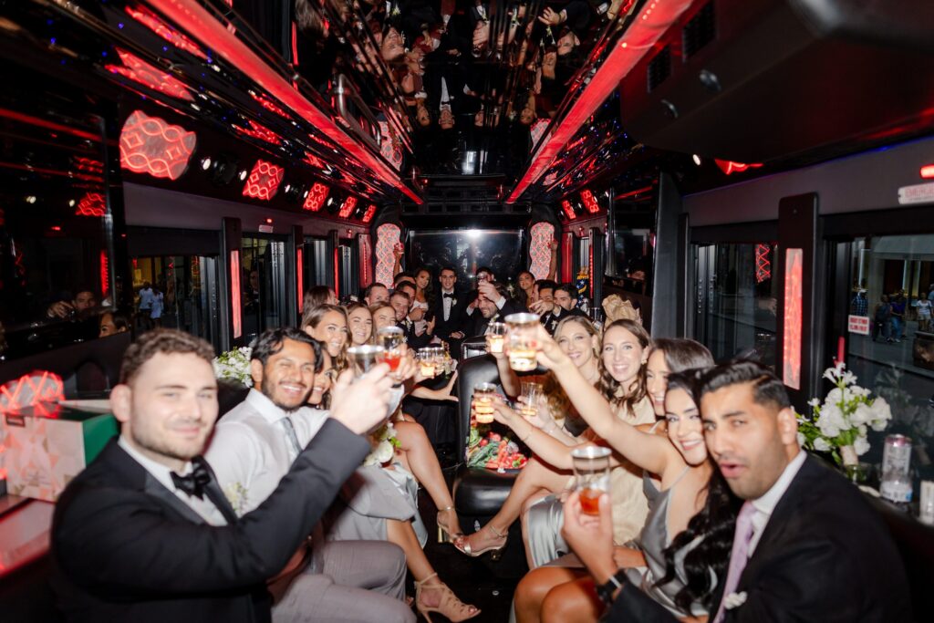 party bus with bridal party, candid photos