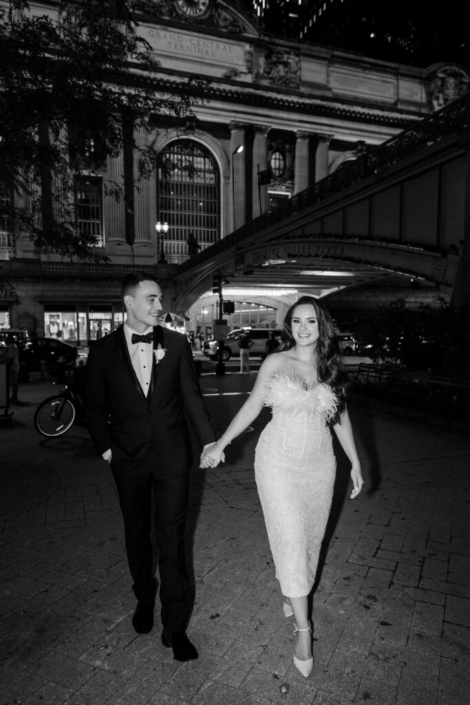 night portraits in New York City, bride and groom night portraits, just married, bride and groom walking in New York City streets, second look look inspiration