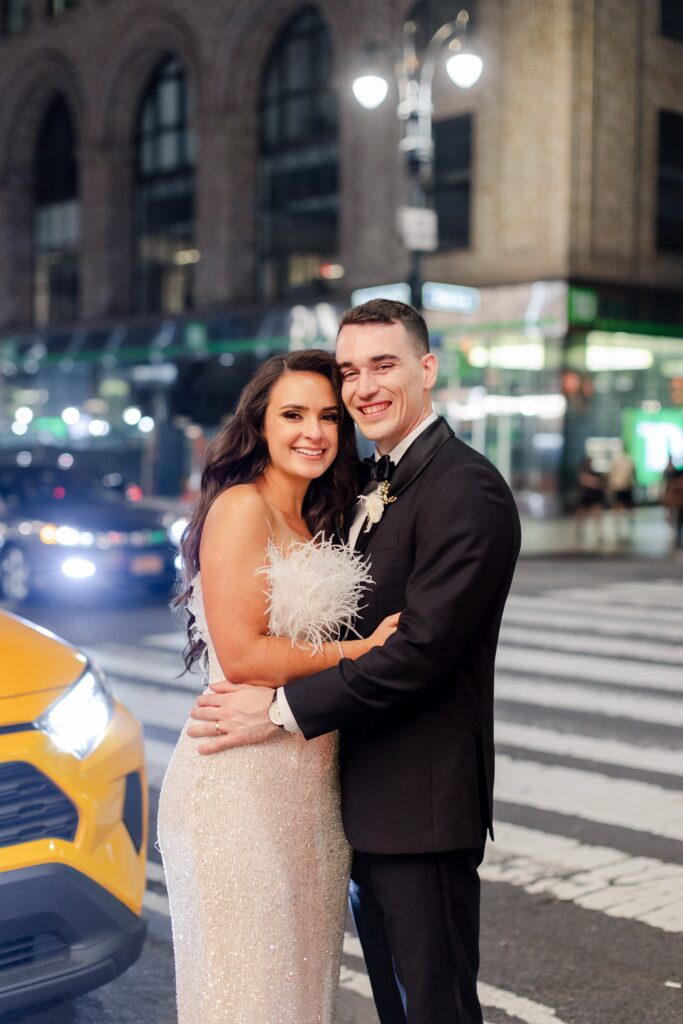 night portraits in New York City, bride and groom night portraits, just married, bride and groom walking in New York City streets, second look look inspiration