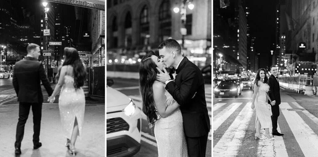 night portraits in New York City, bride and groom night portraits, just married, bride and groom walking in New York City streets, second look look inspiration