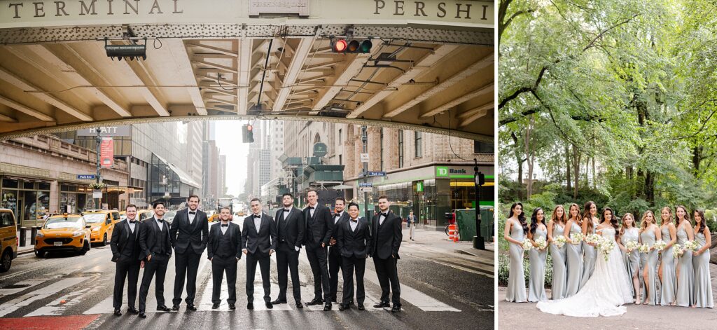 groom and groomsmen in NYC, bride and bridesmaids portraits in Central Park, New York City Wedding