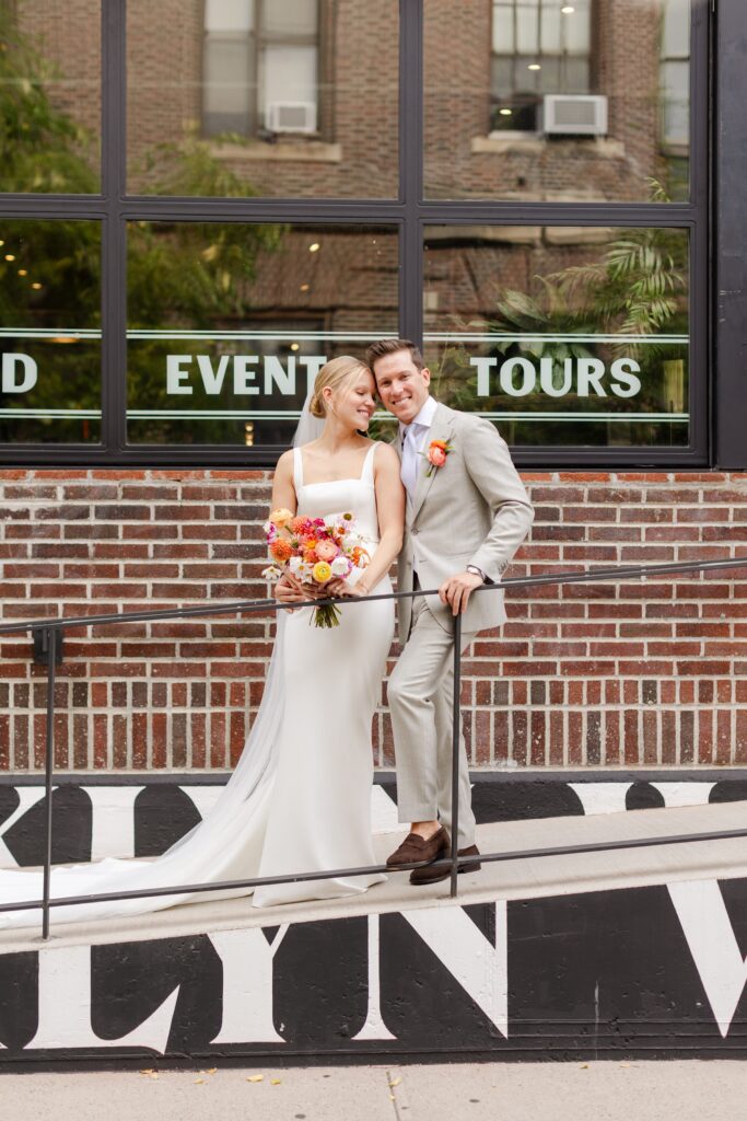 Brooklyn Winery Wedding Portraits, Brooklyn Winery black and white sign, bride and groom portraits