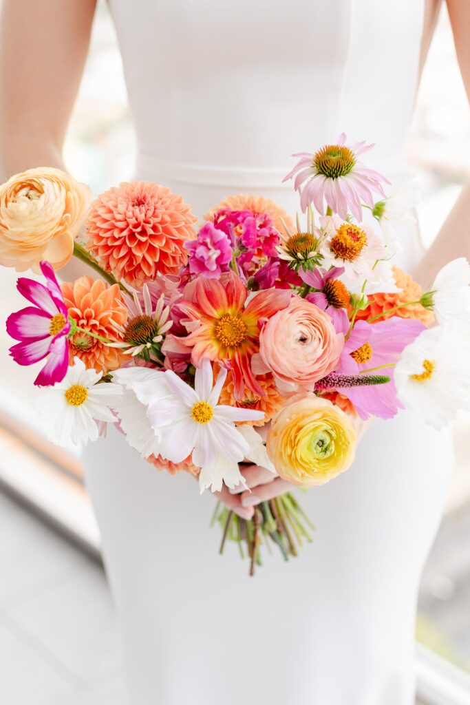 bridal bouquet, colorful pink and orange bouquet