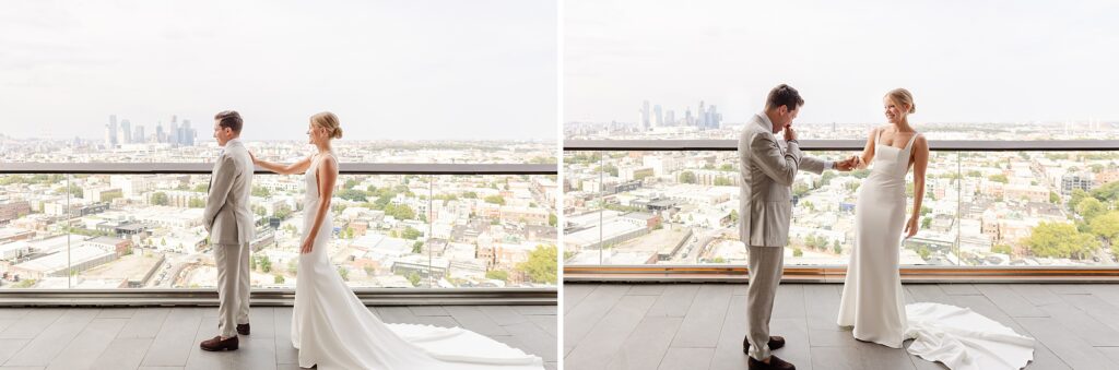 bride and groom first look, Bride and groom portraits, rooftop penthouse suite at the William Vale, First Look wedding portraits