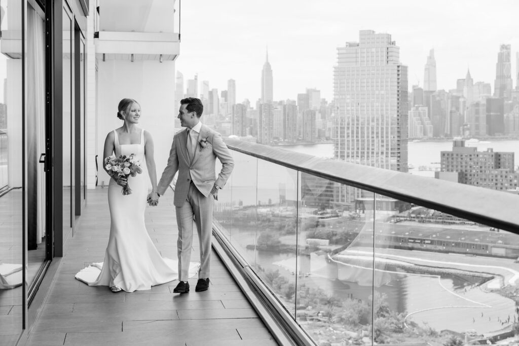 Bride and groom portraits, rooftop penthouse suite at the William Vale, First Look wedding portraits