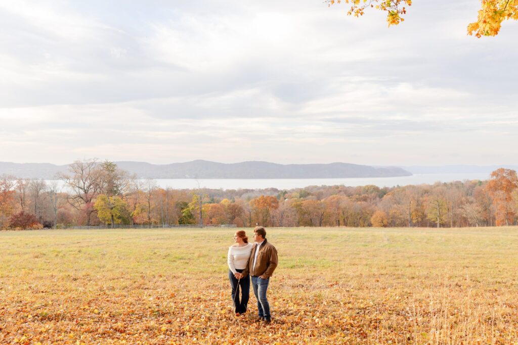 fall New York engagement session, couple looking out at the fall foliage and holding hands in field in New York, reason to have an engagement session