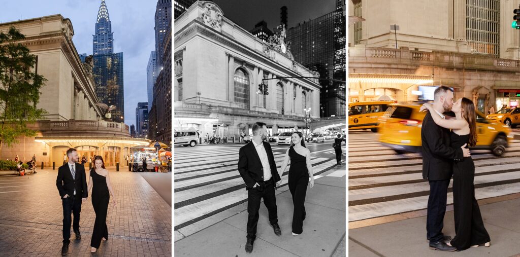 couple waking in New York City at night, engagement session in New York City night portraits