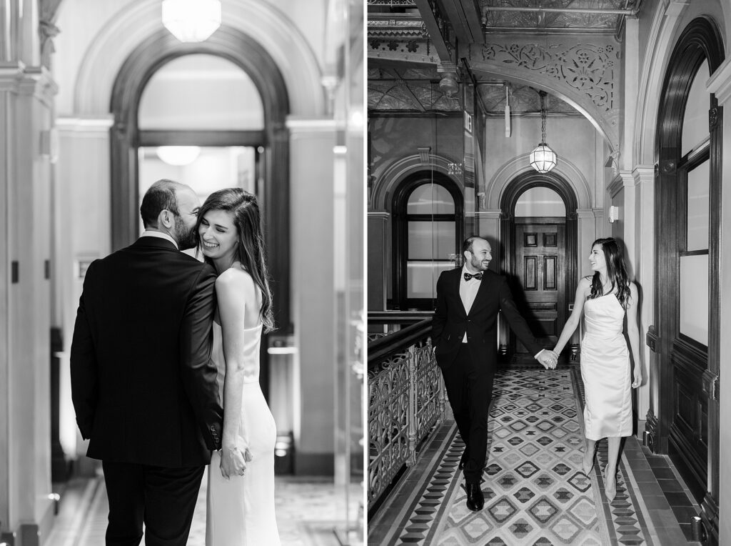 couple kissing and walking through Beekman hotel in New York City, engagement session ideas in New York City