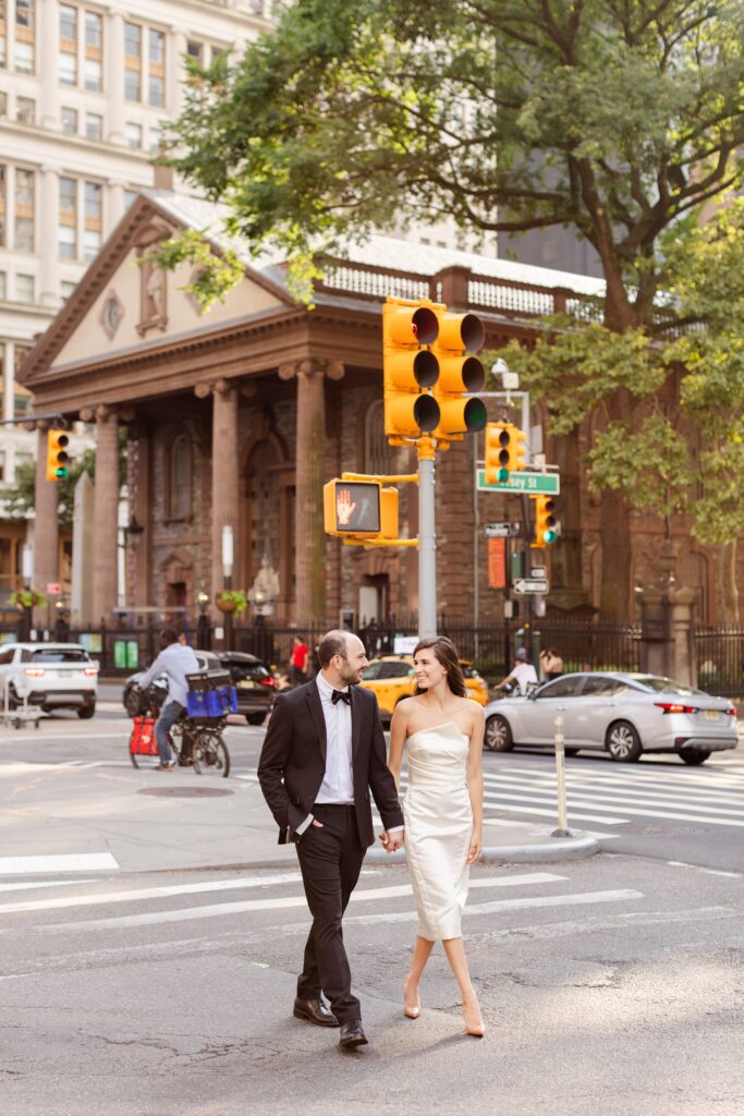 couple walking and hold hands in New York City, NYC engagement session locations