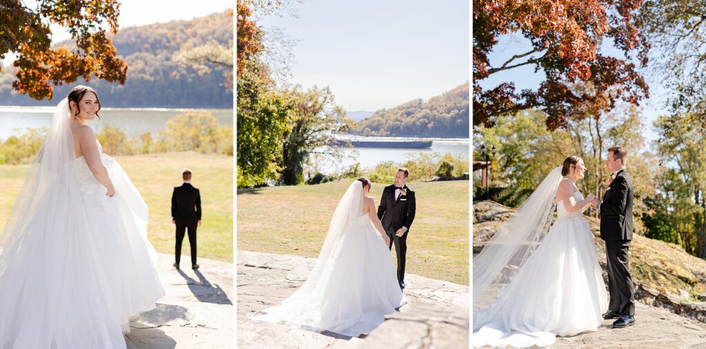 first look with bride and groom, fall wedding in New York, New York Fall Wedding at Monteverde at Oldstone, fall wedding at Westchester, New York