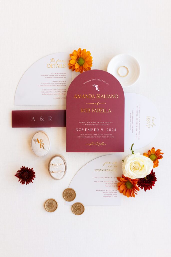 fall New York wedding details, invitation suite flatlay, wedding details 