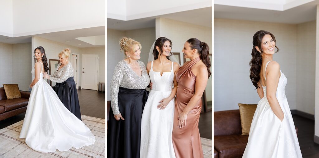 bride getting ready with mother and sister of the bride