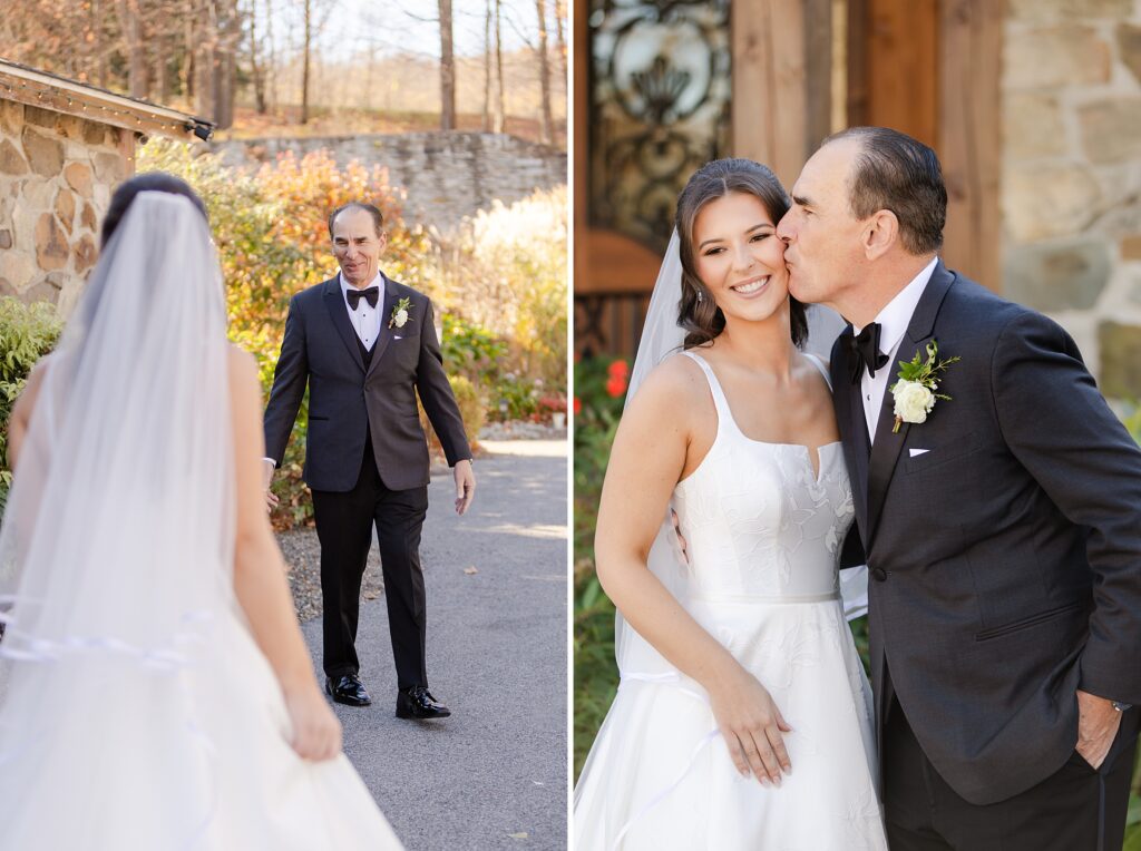 first look with father of the bride and bride at Red Maple Vineyards