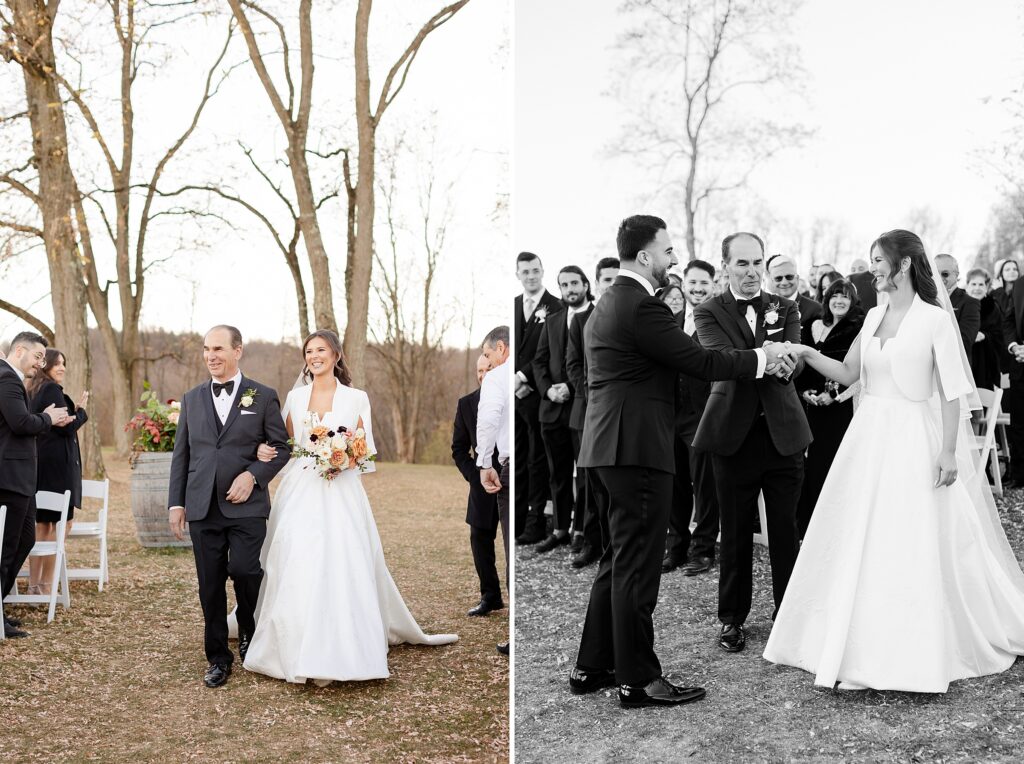 bride being walked down the aisle by father 