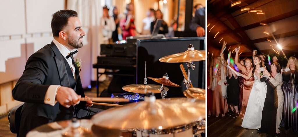 groom playing drums with the band at the wedding reception