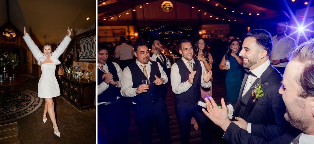 bride second outfit reveal. groom and groomsmen dancing and celebrating