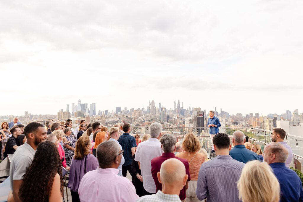 Father of Bride giving speech on the Rooftop at The Crown at 50 Hotel Bowery, New York Wedding Weekend, Rooftop Welcome Party,  New York Skyline,