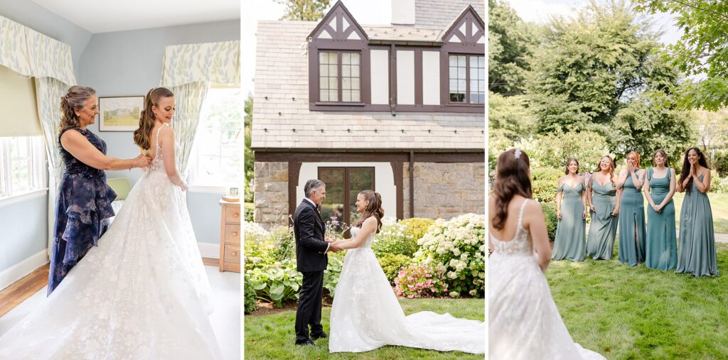 bride getting ready with mother, first look with father and bridesmaids